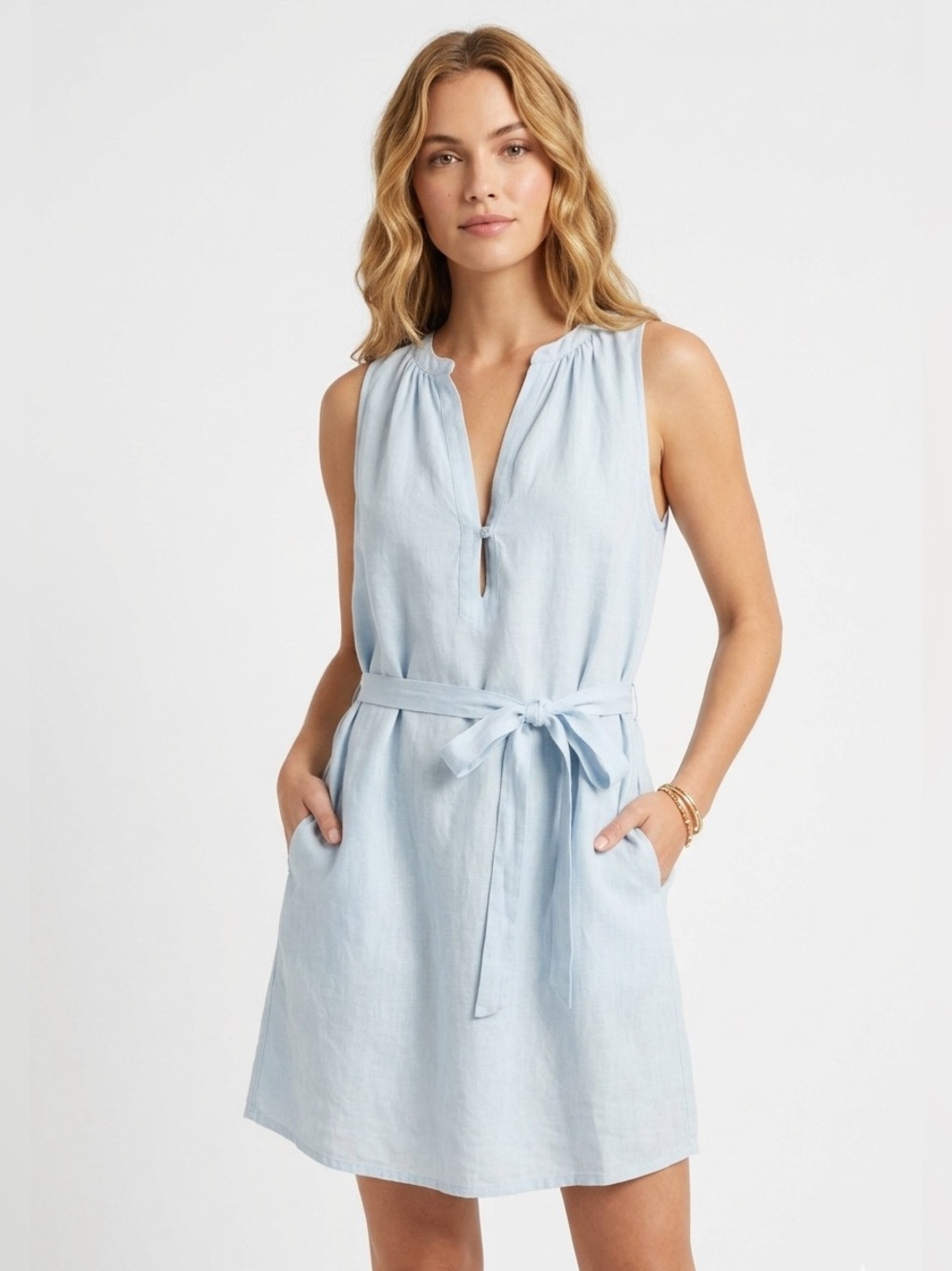 Eileen Fisher Light Blue Sleeveless Irish Linen Tie Waist Shift Dress XL